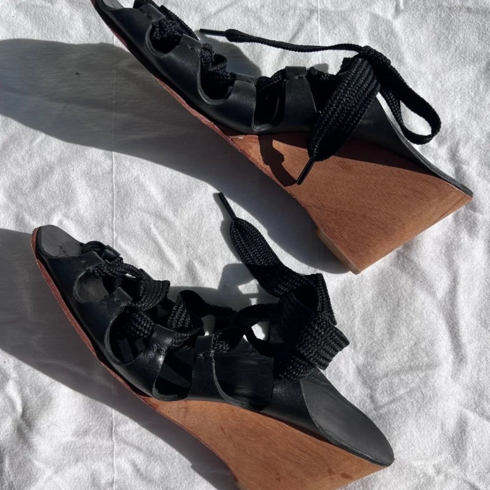 A Détacher  Lace Up Wood Leather Black Wedge Sandals US 9